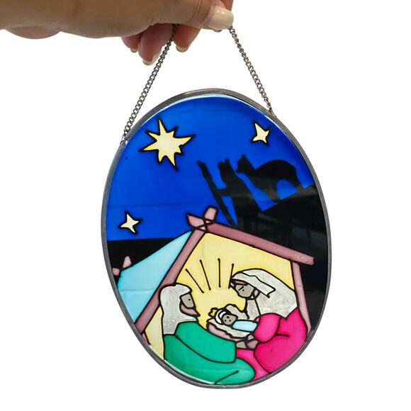 Stained Glass Nativity Set Wall Decor Baby Jesus in Manger Joseph Mary Holy - Picture 3 of 15